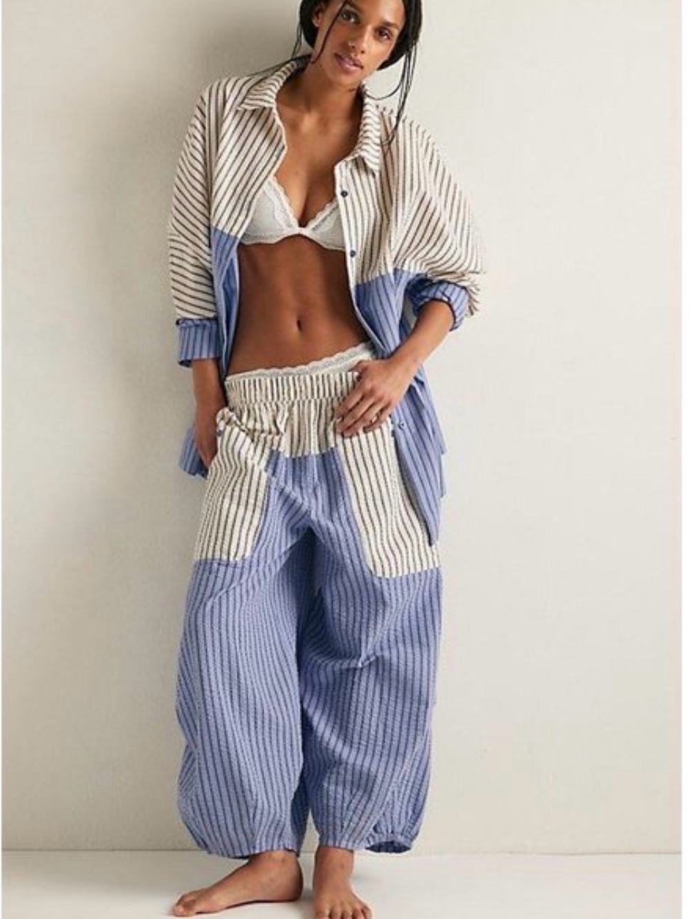 Free People Room Service Blue and Cream Striped Wide-Leg Pants and Shirt xs.NWOT